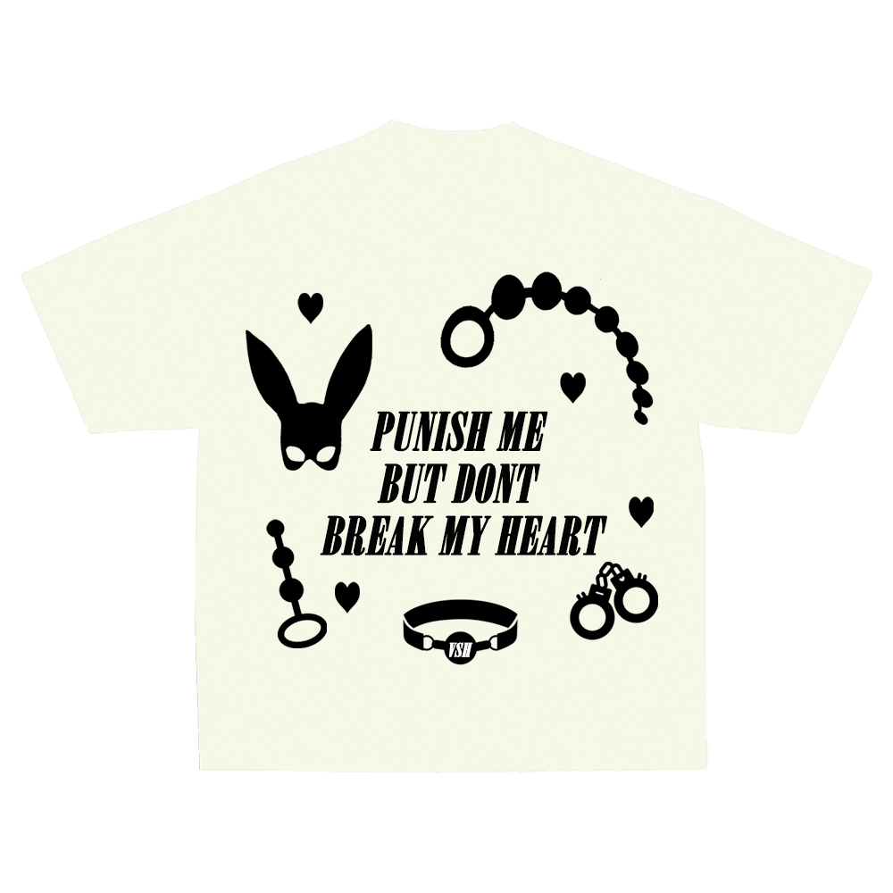 Bold "Punish Me" - Tee featuring striking black graphics of bunny masks and cuffs, perfect for daring fashion statements.