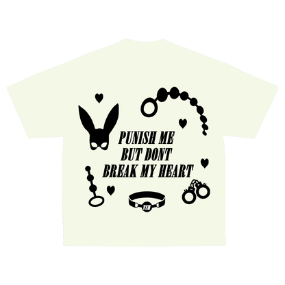 Bold "Punish Me" - Tee featuring striking black graphics of bunny masks and cuffs, perfect for daring fashion statements.