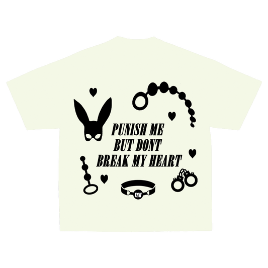 Bold "Punish Me" - Tee featuring striking black graphics of bunny masks and cuffs, perfect for daring fashion statements.