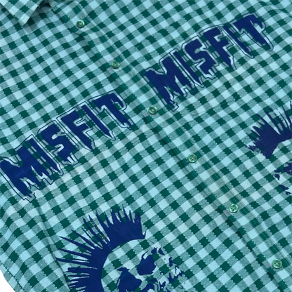 Edgy green and white checkered MISFIT SHIRT with bold blue graphic prints, perfect for the rebellious style.